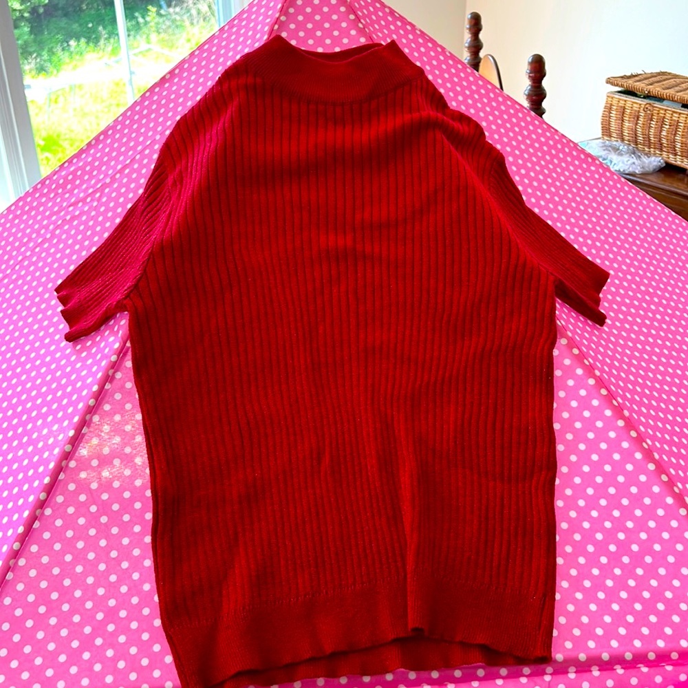 Red metallic shimmering thread short sleeve sweater- maybe worn